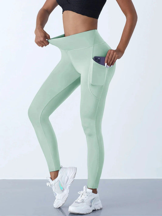 Mandotos high waist women's stretch yoga leggings with pockets, push-up fit, solid color, suitable for fitness, running, and sports activities.
