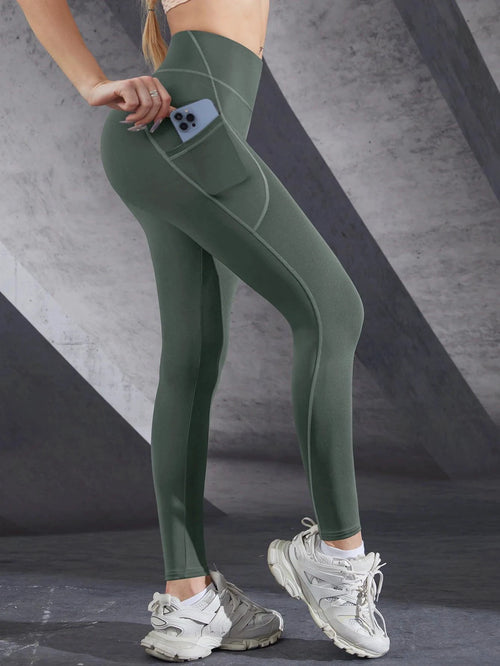 Mandotos high waist women's stretch yoga leggings with pockets, push-up fit, solid color, ideal for fitness and running.