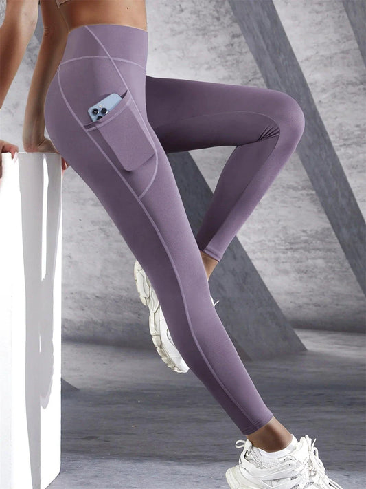 Mandotos high waist women's yoga leggings with pockets, stretch fabric, solid color, suitable for fitness, running, and sports.