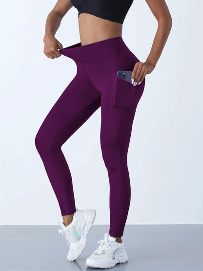 Mandotos high waist women's yoga leggings with pockets, stretch fit, solid color, suitable for fitness, running, and sports activities.