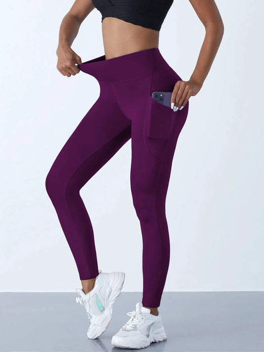 Mandotos high waist women's yoga leggings with pockets, stretch fit, solid color, suitable for fitness, running, and sports activities.