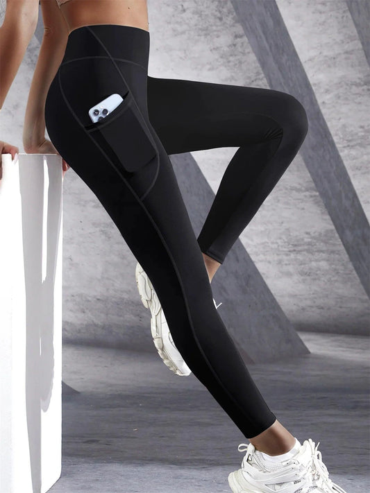 Mandotos high waist women's yoga leggings with pockets, stretchy solid color fitness tights for running and workout activities.