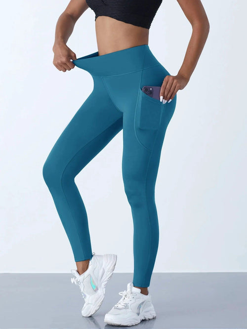 Mandotos high waist women's leggings with pockets, stretch yoga pants, solid color fitness tights, ideal for running and sports.