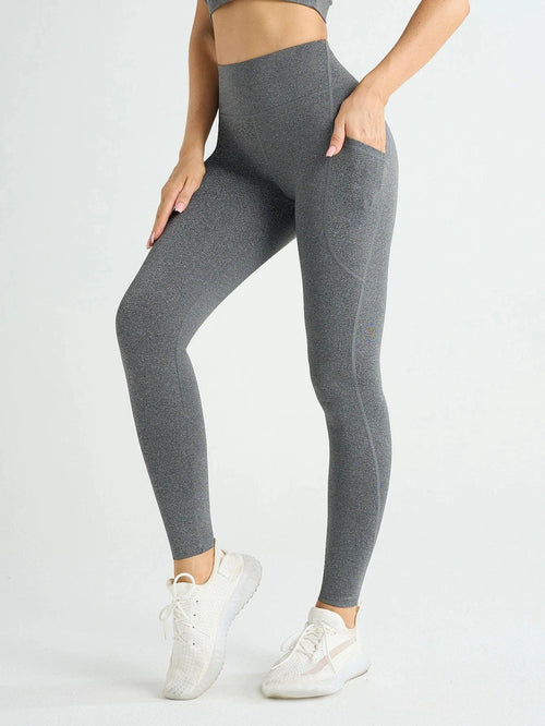 Mandotos high waist women's yoga leggings with pockets, stretch fabric, solid color, suitable for fitness, running, and sports activities.