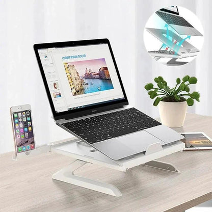 Mandotos multifunctional folding laptop stand with aluminum alloy base, adjustable height, portable design, and monitor increase rack.