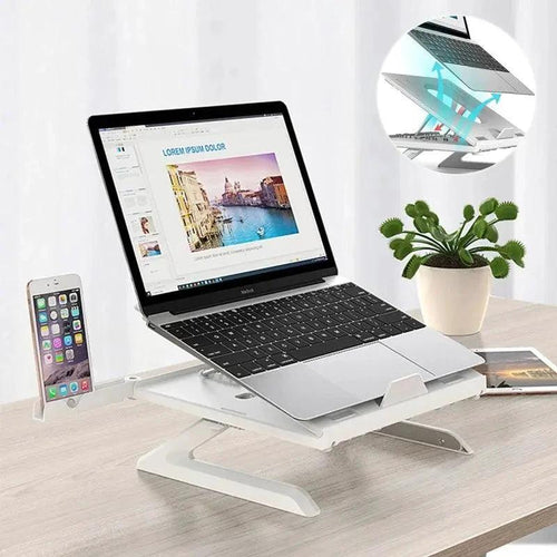 Mandotos multifunctional folding laptop stand with aluminum alloy base, adjustable height, portable design, and monitor increase rack.