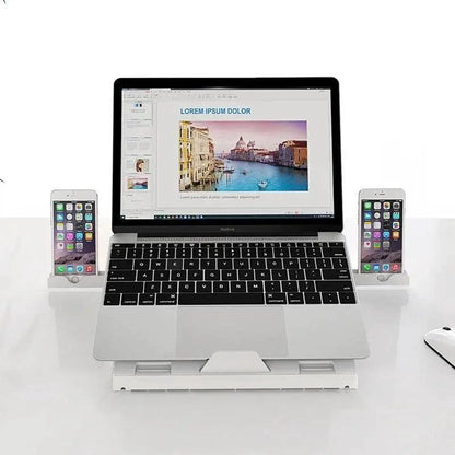 Mandotos multifunctional folding aluminum laptop stand with adjustable height and monitor riser, portable and lightweight.