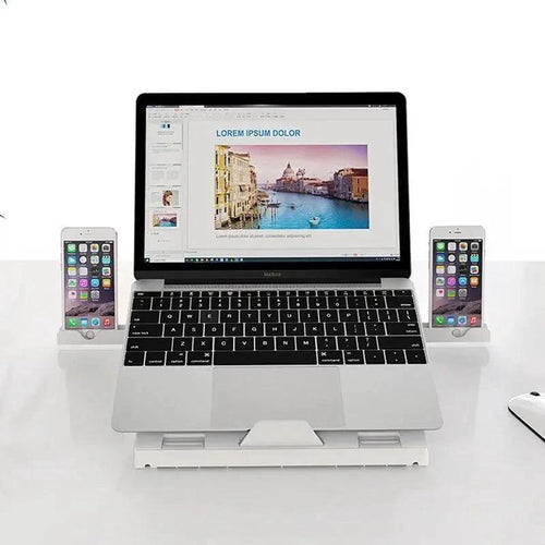 Mandotos multifunctional folding aluminum laptop stand with adjustable height and monitor riser, portable and lightweight.