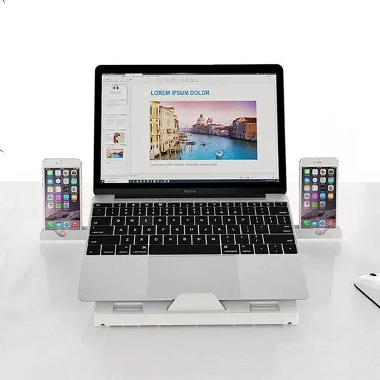 Mandotos multifunctional folding aluminum laptop stand with adjustable height and monitor riser, portable and lightweight.