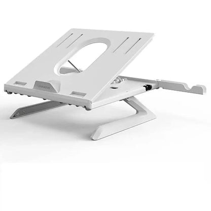 Mandotos multifunctional folding aluminum laptop stand with adjustable height and monitor riser for portable ergonomic workspace.