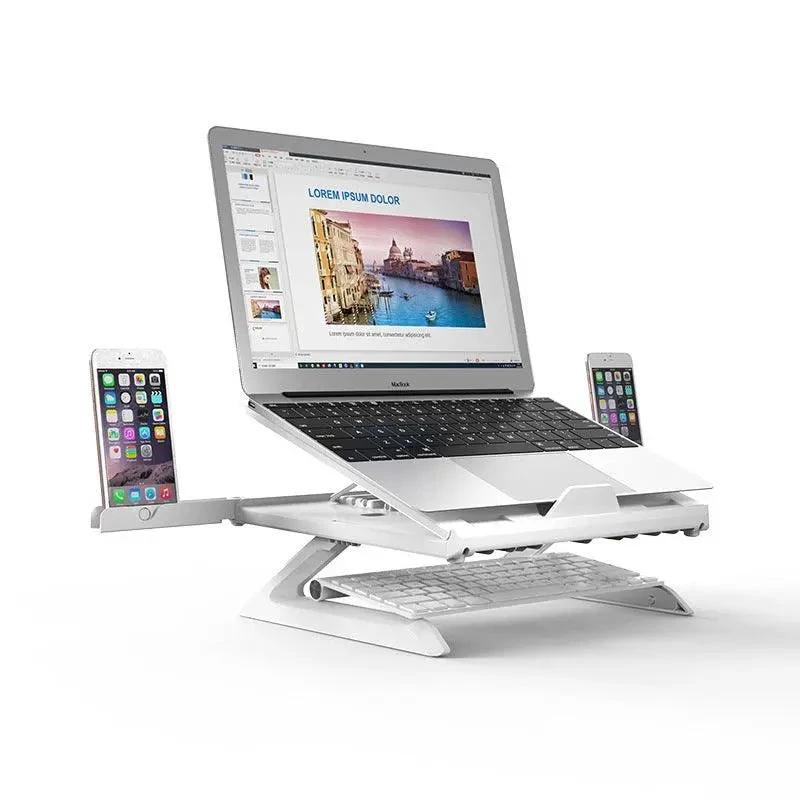 Mandotos multifunctional portable laptop stand with aluminum alloy base, adjustable height, folding design, and monitor support.
