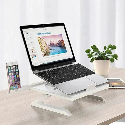 MANDOTOS multifunctional folding laptop stand with aluminum alloy base, portable, adjustable lift for monitor and laptop support.