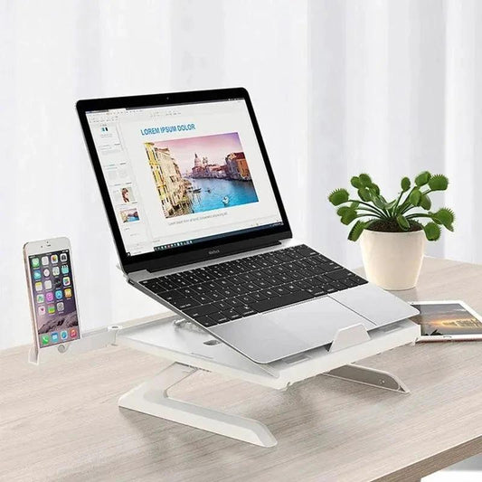 MANDOTOS multifunctional folding laptop stand with aluminum alloy base, portable, adjustable lift for monitor and laptop support.