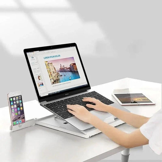 Mandotos multifunctional portable laptop stand with folding lift design, aluminum alloy base, and monitor riser for ergonomic use