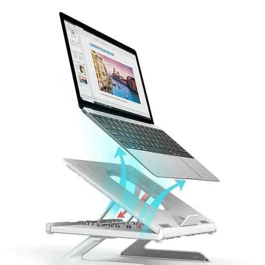 Mandotos multifunctional folding laptop stand with aluminum alloy base, adjustable lift for ergonomic monitor and laptop positioning.