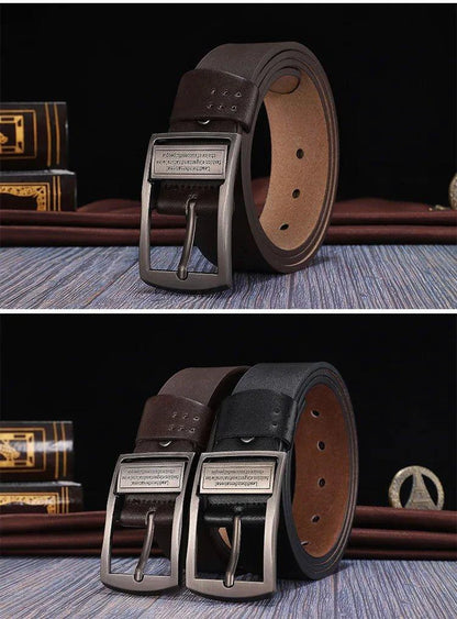 Mandotos men's leather cowhide belt with metal alloy pin buckle, stylish and luxury brand for jeans, casual, and business wear.