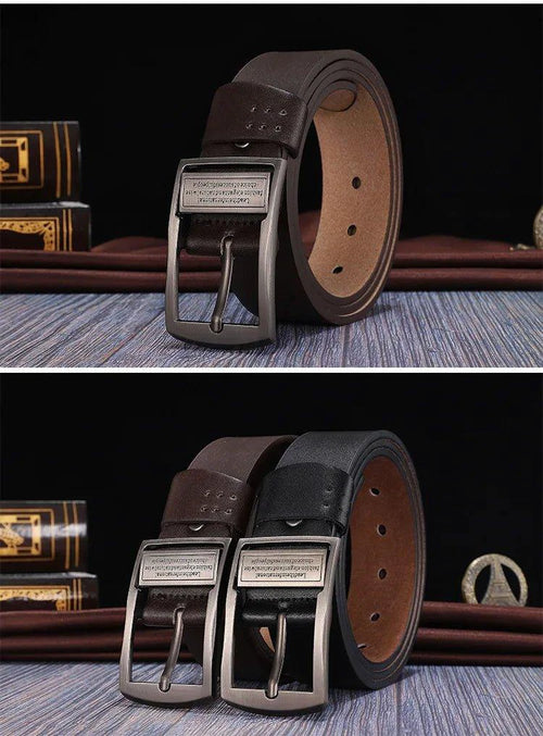 Mandotos men's leather cowhide belt with metal alloy pin buckle, stylish and luxury brand for jeans, casual, and business wear.