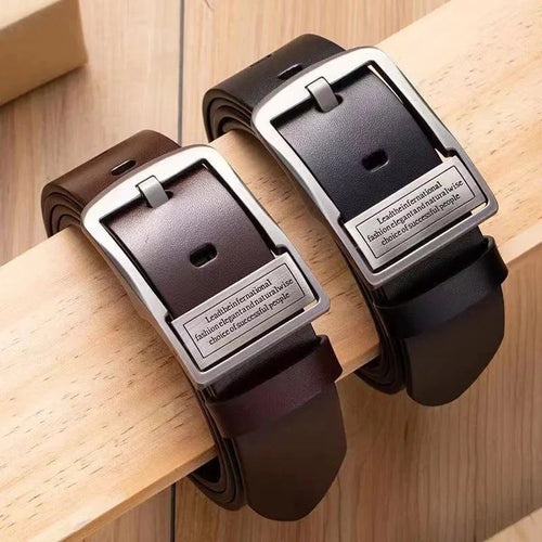 Mandotos men's leather cowhide belt with metal alloy pin buckle, stylish and luxury casual strap for jeans and business wear.