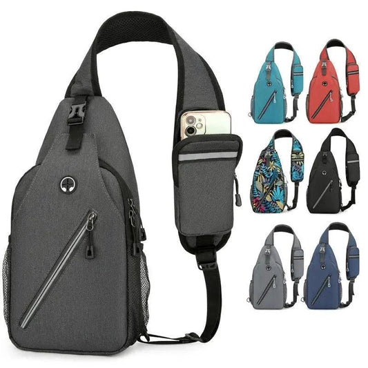 Mandotos men's multifunctional shoulder crossbody bag made of durable canvas with multiple compartments and a chest strap.