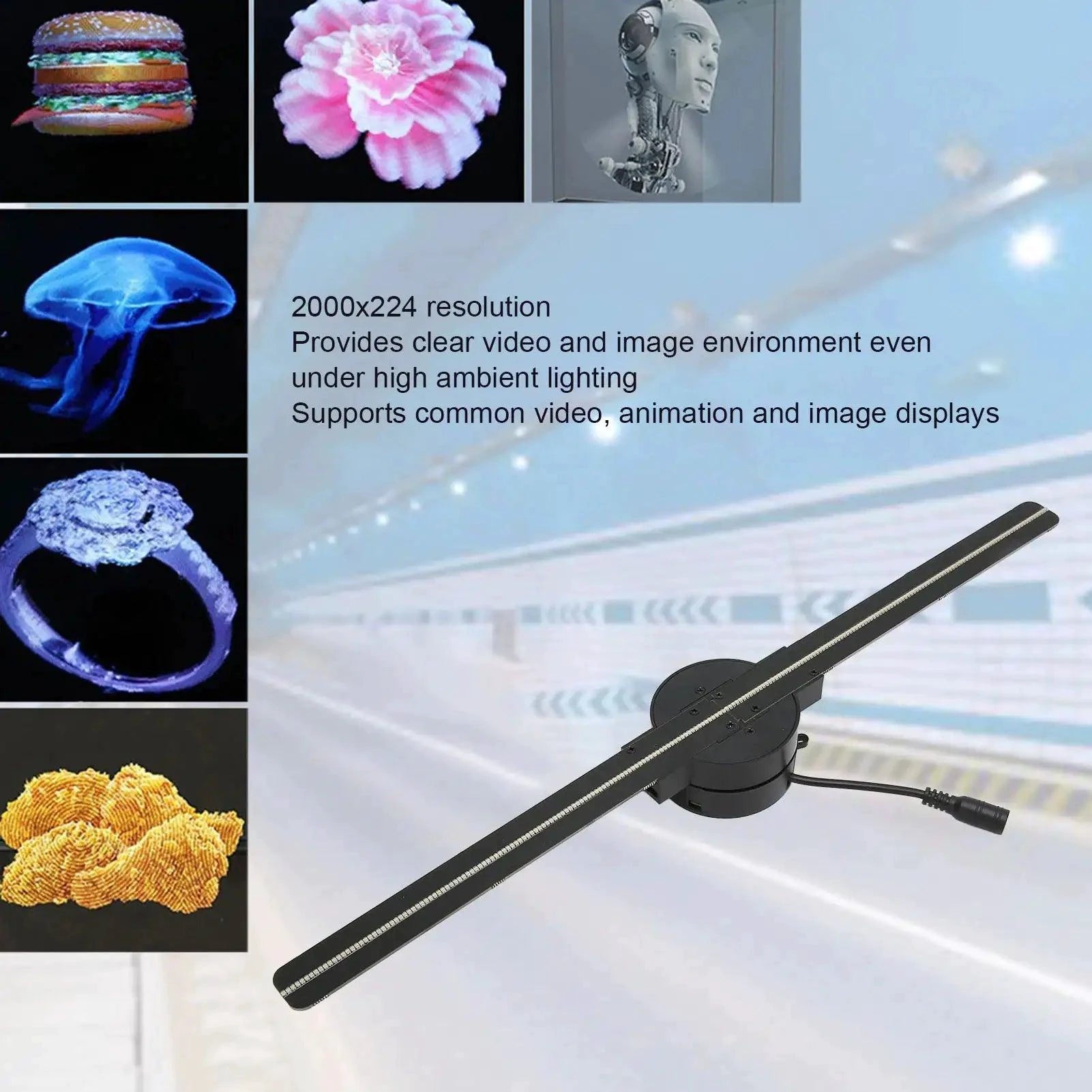 Mandotos NextGen 3D Ad Fan displaying vibrant, dynamic 3D advertising visuals with colorful illuminated banners