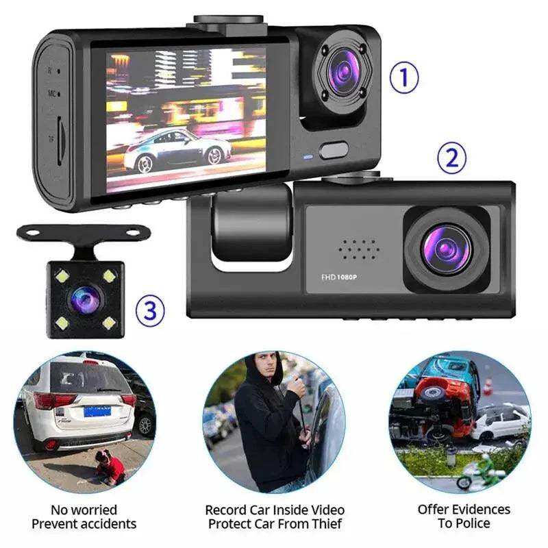 Mandotos night vision dash recorder showing front view with illuminated display and camera lens for vehicle security.