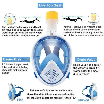 Mandotos OceanView snorkel mask with 180° panoramic vision, featuring a clear silicone skirt and adjustable strap for underwater adventures.