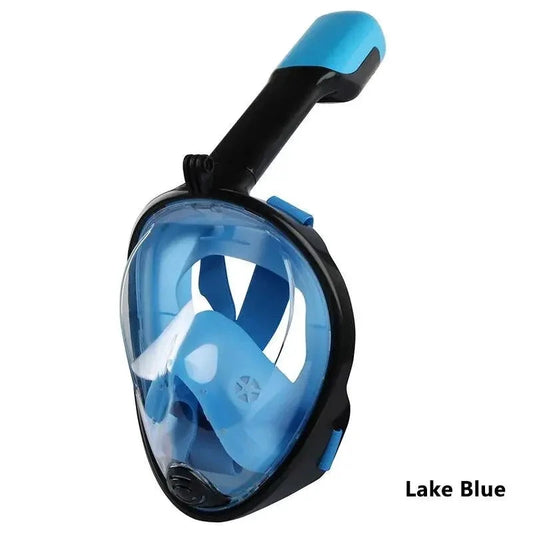 Mandotos OceanView snorkel mask with 180° panoramic vision for underwater exploration, featuring a clear silicone skirt and adjustable straps.