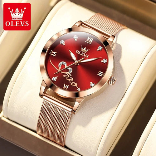 Mandotos OLEVS luxury ladies' rose gold quartz watch with stainless steel mesh strap and love dial, elegant fashion accessory.