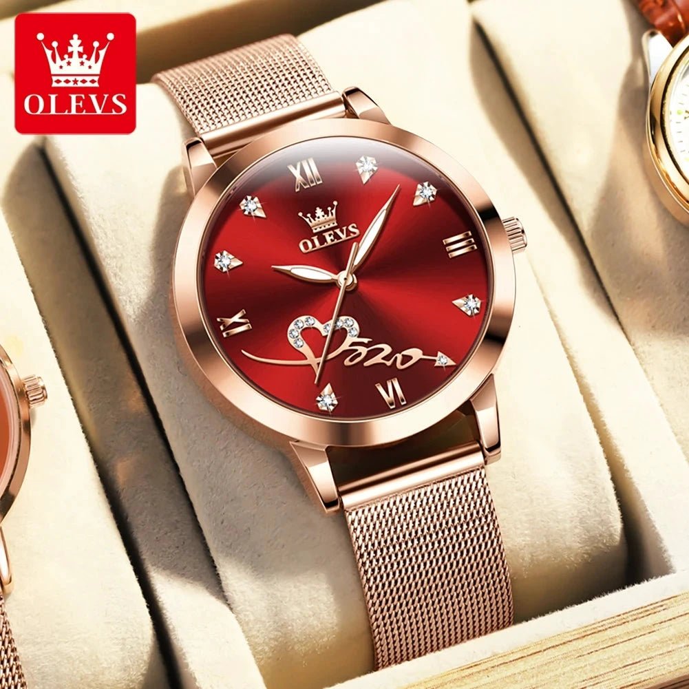 Mandotos OLEVS luxury women's rose gold quartz watch with stainless steel mesh strap and love dial design.