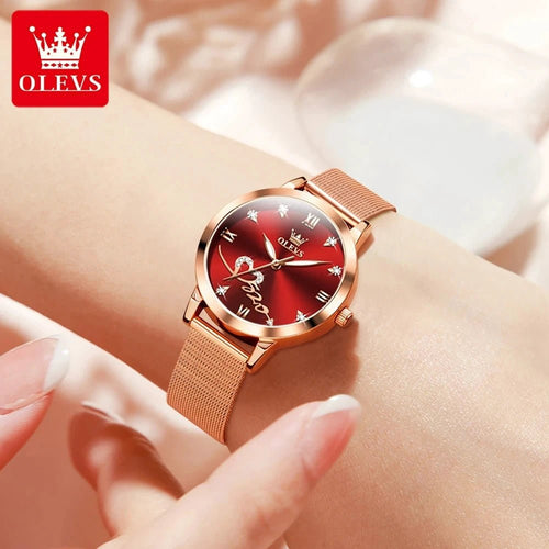 Mandotos OLEVS luxury women's rose gold quartz watch with stainless steel mesh strap and love dial, elegant and fashionable.
