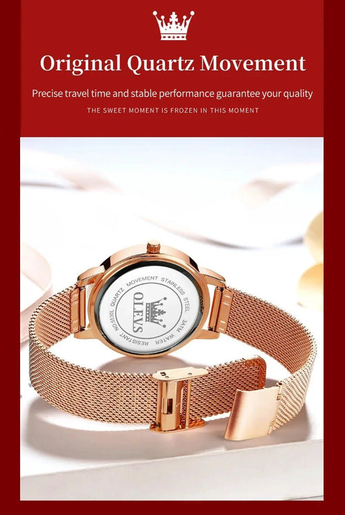 Mandotos OLEVS luxury women's rose gold quartz watch with stainless steel mesh strap and love dial, stylish fashion accessory.