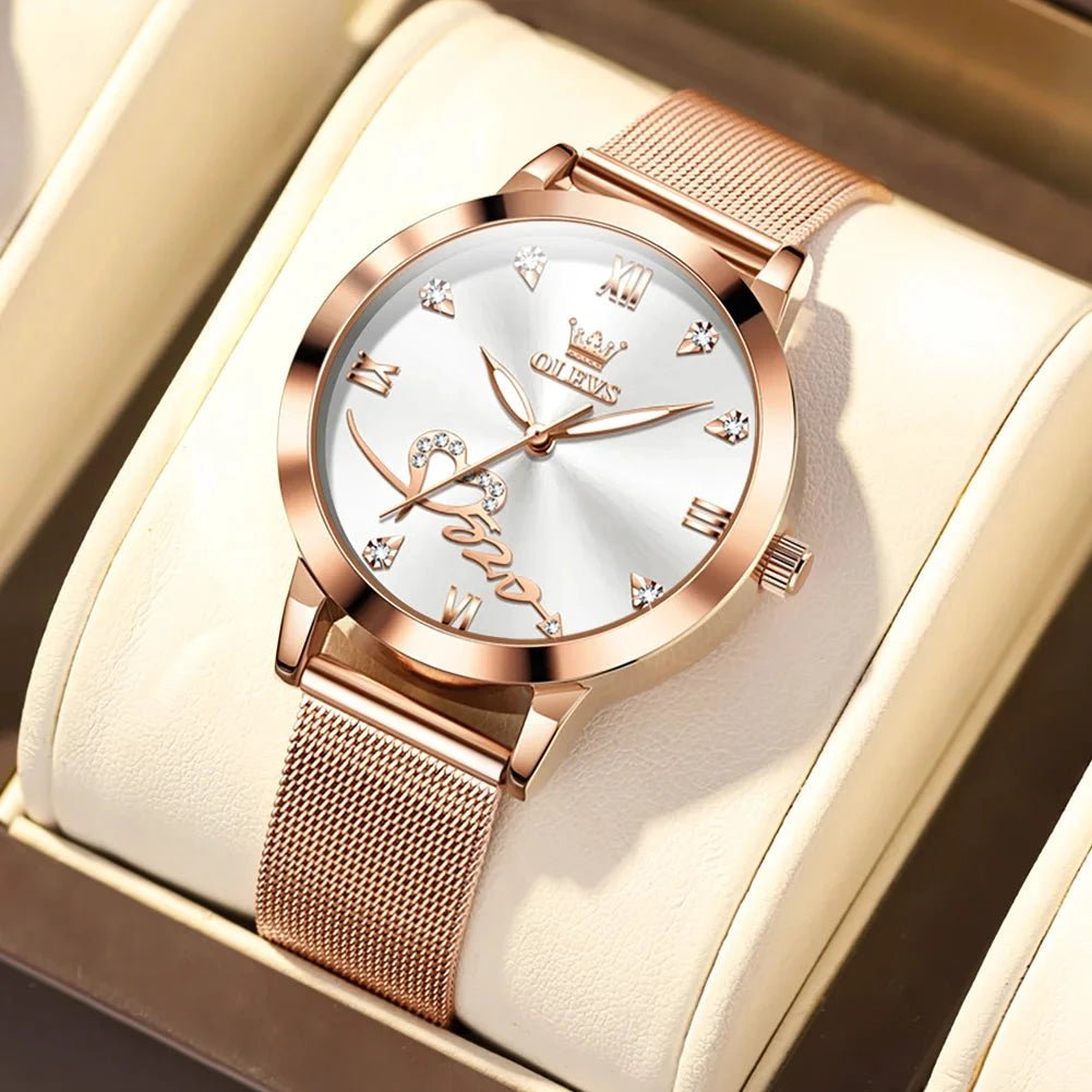 Mandotos OLEVS luxury ladies' watch with rose gold finish, stainless steel mesh strap, love dial, and quartz movement.