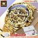 Mandotos OLEVS luxury men's gold skeleton stainless steel chronograph watch with luminous dial and waterproof quartz movement.