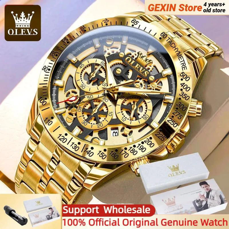 Mandotos OLEVS luxury men's gold skeleton stainless steel chronograph watch with luminous dial and waterproof quartz movement.