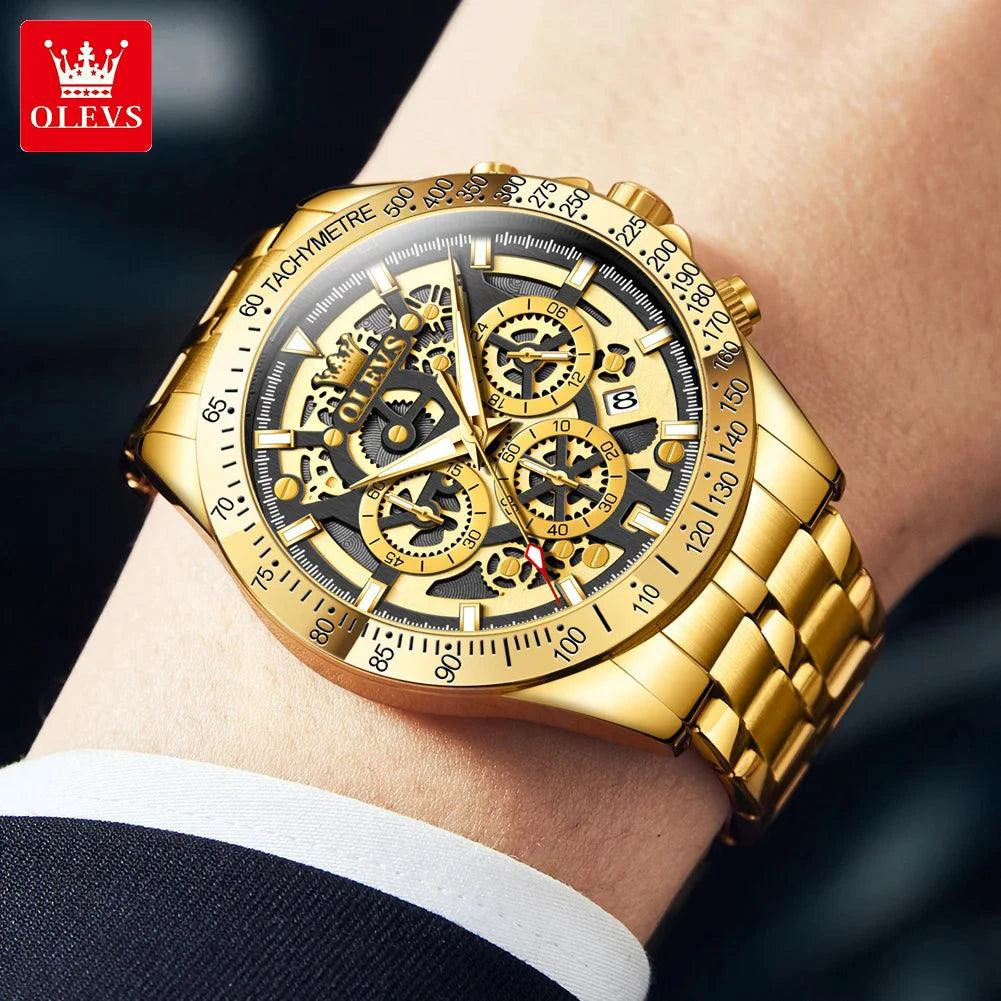 Mandotos OLEVS Lxuxry gold men's skeleton stainless steel chronograph wristwatch with luminous dial and waterproof quartz movement.