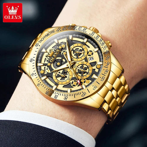 Mandotos OLEVS Lxuxry gold men's skeleton stainless steel chronograph wristwatch with luminous dial and waterproof quartz movement.