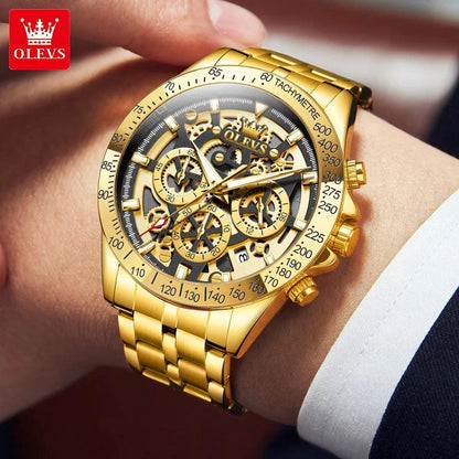 Mandotos OLEVS luxury men's gold skeleton stainless steel chronograph watch with luminous dial and waterproof quartz movement.