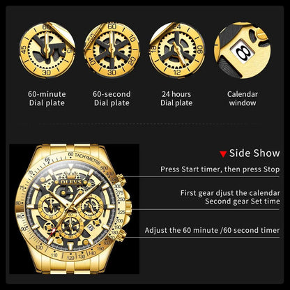 Mandotos OLEVS luxury men's gold skeleton chronograph wristwatch with stainless steel band, luminous dial, waterproof, quartz movement.