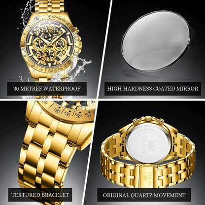 Mandotos OLEVS luxury gold men's skeleton stainless steel chronograph wristwatch with luminous dial and waterproof quartz movement.
