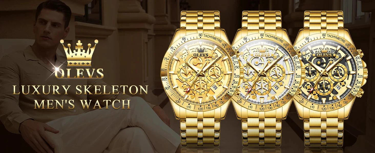 Mandotos OLEVS luxury men's gold skeleton stainless steel chronograph wristwatch with luminous dial and waterproof quartz movement.