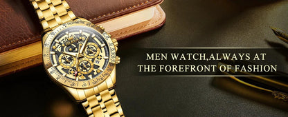 Mandotos OLEVS luxury gold men's skeleton stainless steel chronograph wristwatch with luminous dial and waterproof quartz movement.