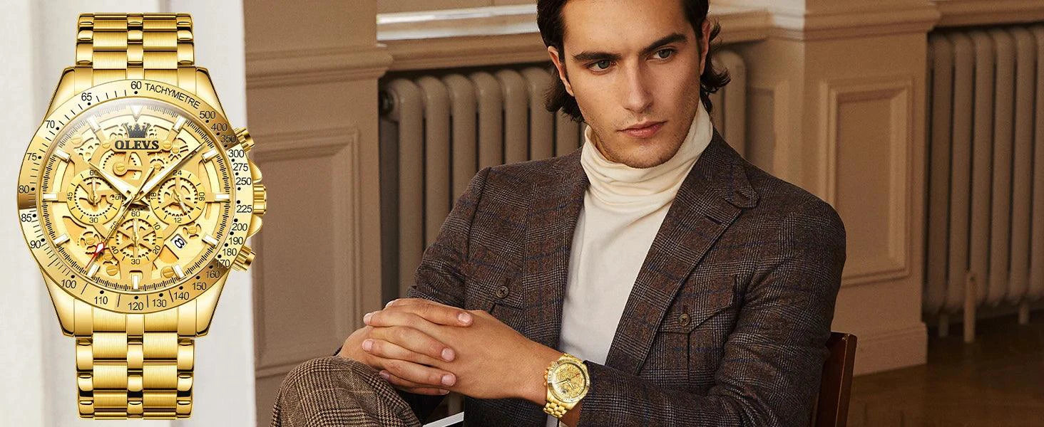 Mandotos OLEVS luxury men's gold skeleton stainless steel chronograph wristwatch with luminous dial and waterproof design.