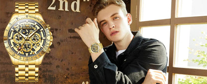 Mandotos OLEVS luxury gold men's skeleton stainless steel chronograph wristwatch with luminous dial and waterproof quartz movement.