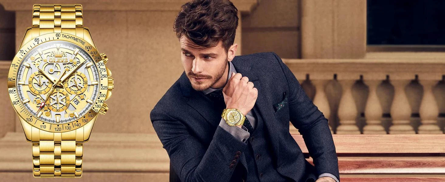 Mandotos OLEVS luxury men's gold skeleton stainless steel chronograph wristwatch with luminous dial and waterproof quartz movement