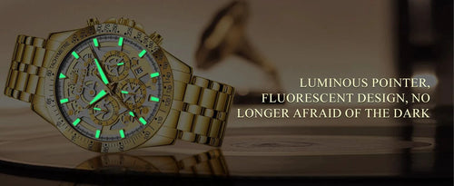 Mandotos OLEVS luxury men's gold skeleton stainless steel chronograph wristwatch with luminous dial and waterproof quartz movement.
