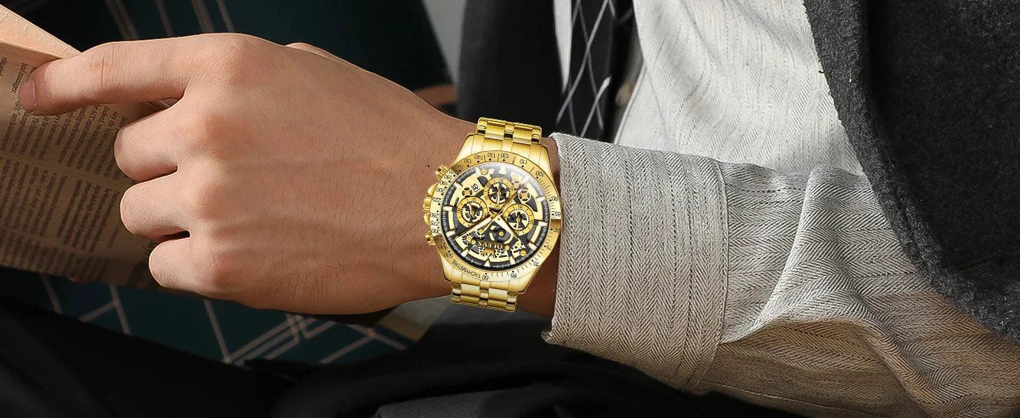 Mandotos OLEVS luxury men's gold skeleton chronograph wristwatch with stainless steel band, luminous dial, waterproof, quartz movement.