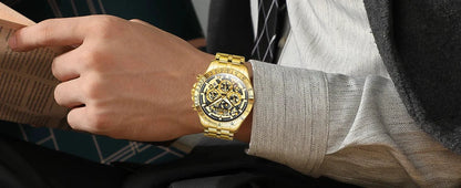 Mandotos OLEVS luxury men's gold skeleton chronograph wristwatch with stainless steel band, luminous dial, waterproof, quartz movement.