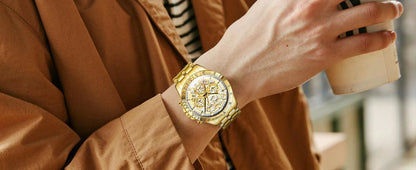 Mandotos OLEVS luxury gold men's skeleton stainless steel chronograph wristwatch with luminous dial and waterproof quartz movement.