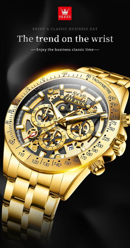 Mandotos OLEVS luxury gold men's skeleton chronograph wristwatch with stainless steel band, luminous dial, waterproof, quartz movement.