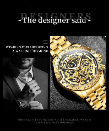 Mandotos OLEVS luxury men's gold skeleton stainless steel chronograph wristwatch with luminous dial and waterproof design.